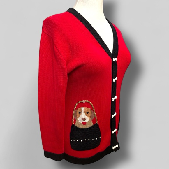 Berek 2 Sweater Womens Sz M Red Black Puppies In Pockets Dog Bones Buttons - Picture 2 of 8